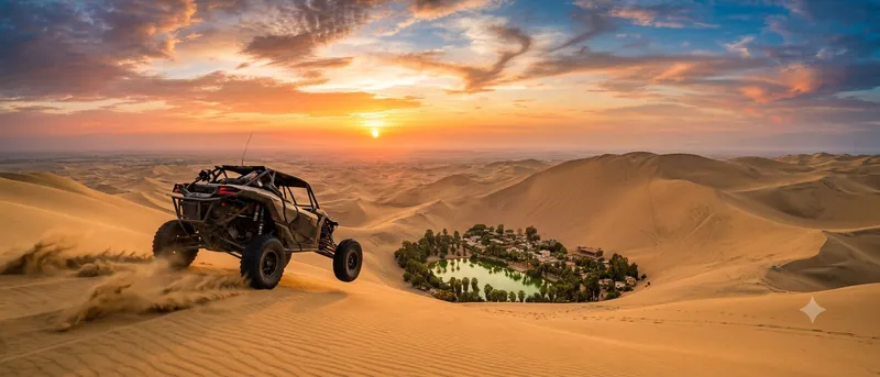 Dune buggy speeding across Huacachina sand dunes at sunset with the oasis visible far below
