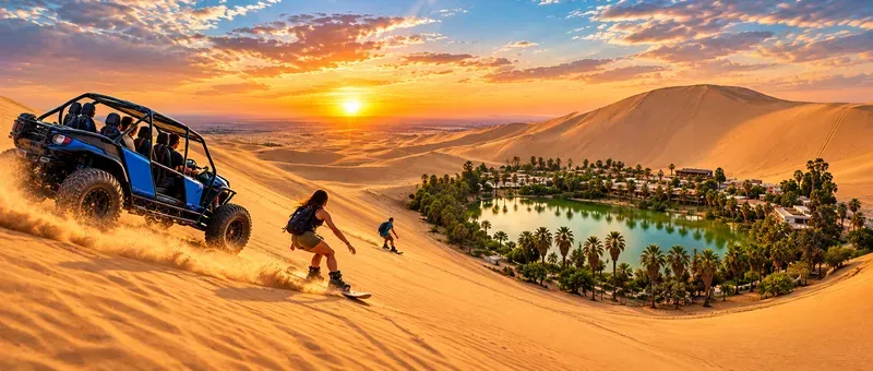 Huacachina oasis surrounded by golden sand dunes at sunset