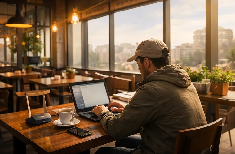 Traveller working on laptop in a Lima café