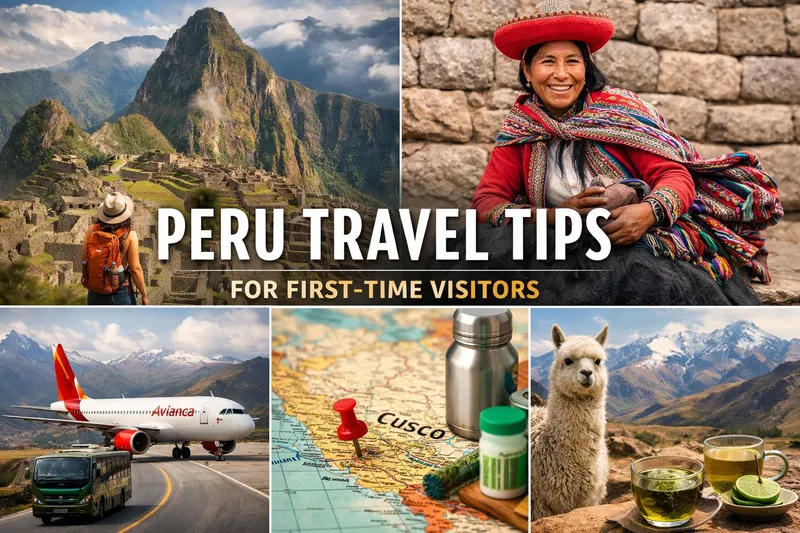 Traveler at Machu Picchu and local woman weaving textiles in Cusco
