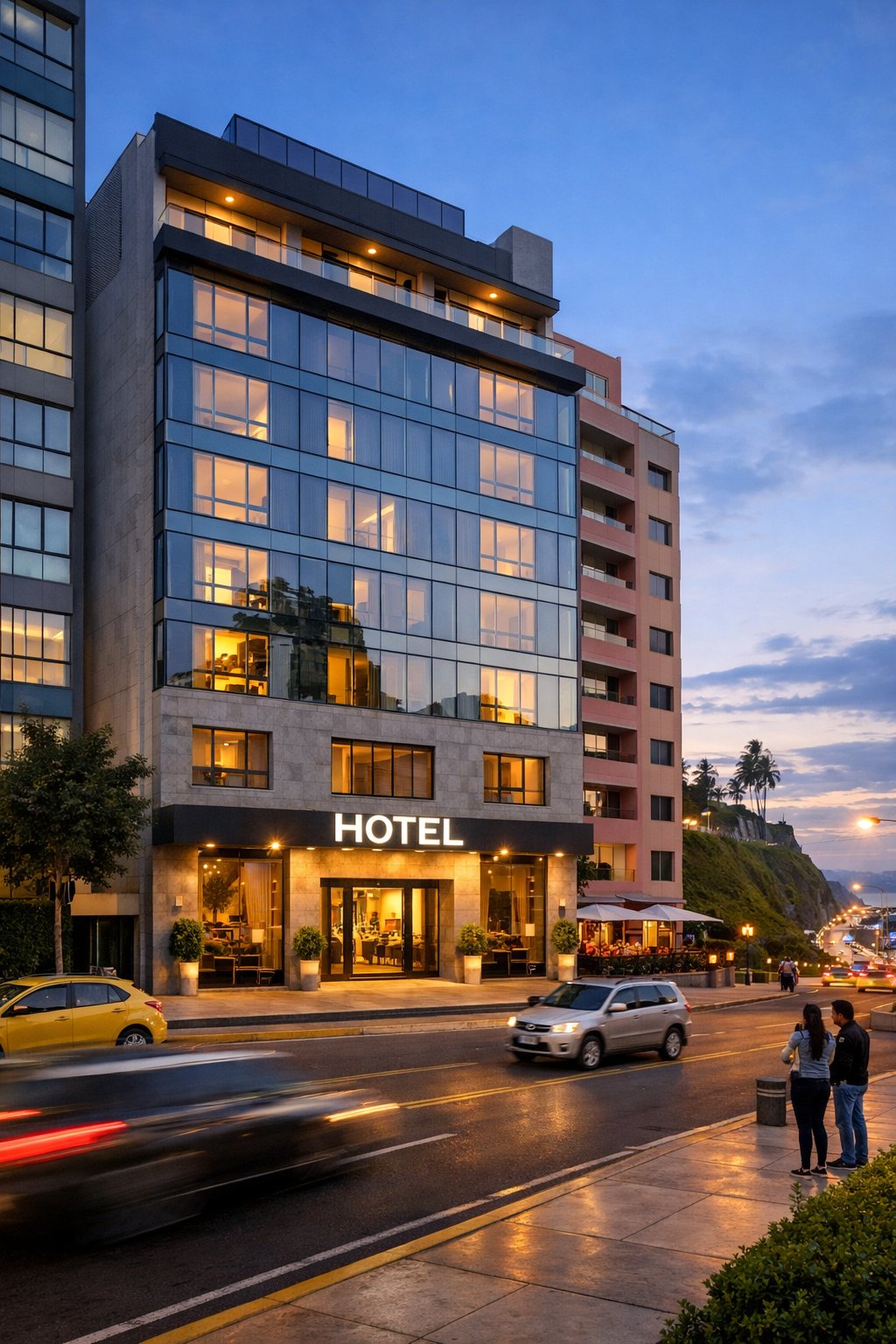 Safe hotel area in Miraflores Lima at dusk