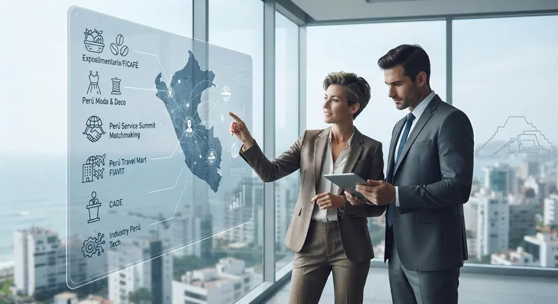 Overview map of Peru's main trade fairs and business events, including Expoalimentaria, FICAFÉ, Perú Moda & Deco and CADE, with two executives reviewing the calendar