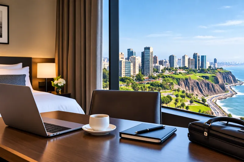 Business traveler's hotel-room desk with a laptop, coffee and notebook, overlooking the Lima coastline