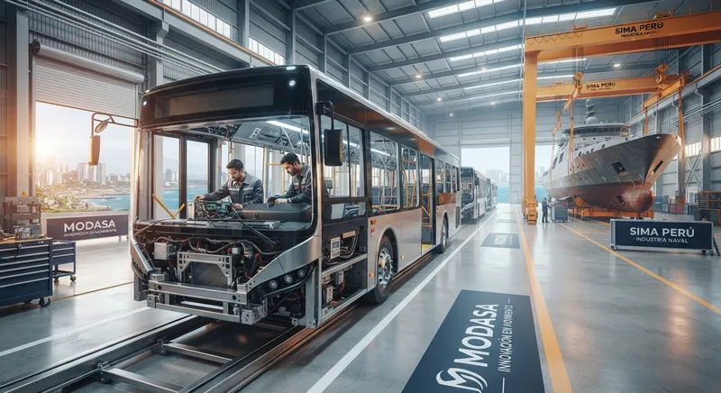 Technicians working on an electric bus chassis inside a Peruvian manufacturing plant, with a shipyard and vessel visible in the background