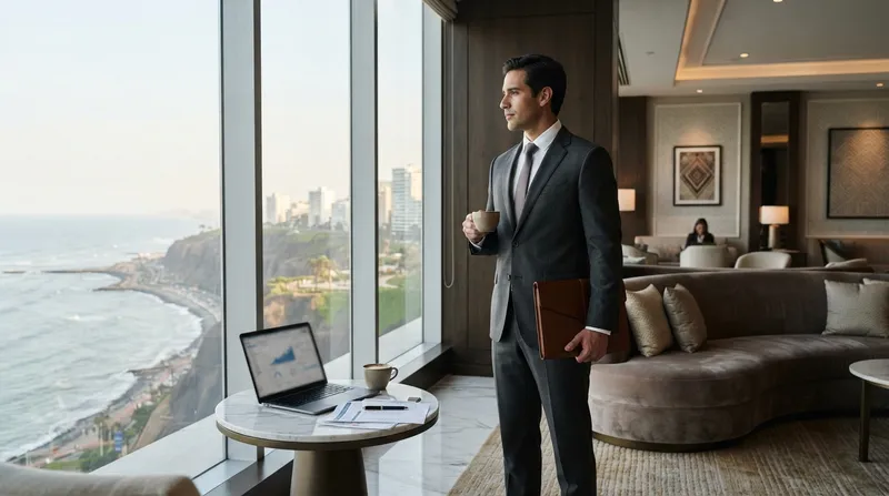 Business traveler with coffee and laptop in an executive lounge overlooking the Lima coastline