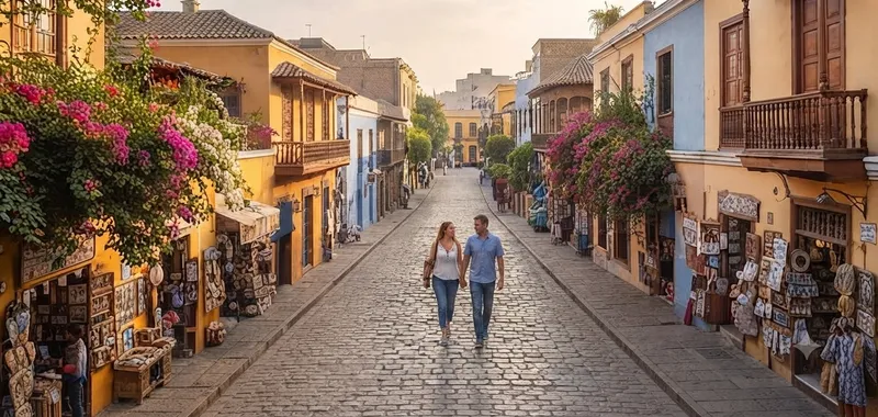 Colonial cobblestone street in the Andes with colorful balconies