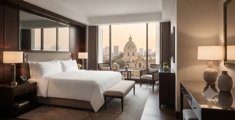 Elegant hotel room with a city view
