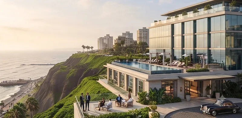 Luxury hotel terrace and pool overlooking the city