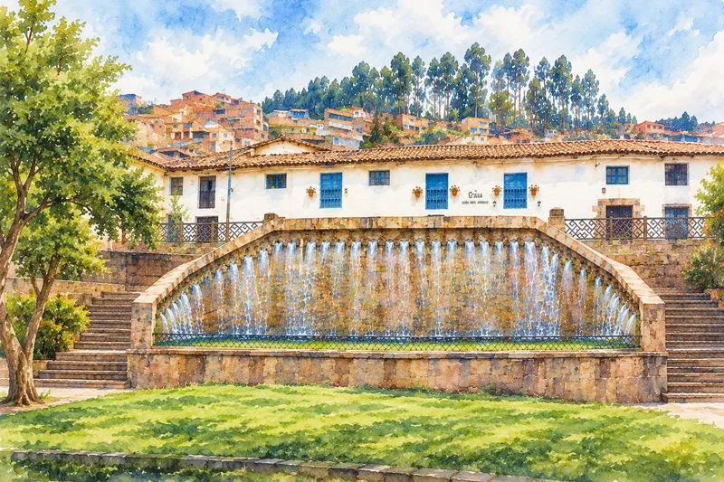 Watercolor view of a whitewashed Cusco colonial house with a stone fountain and terracotta rooftops