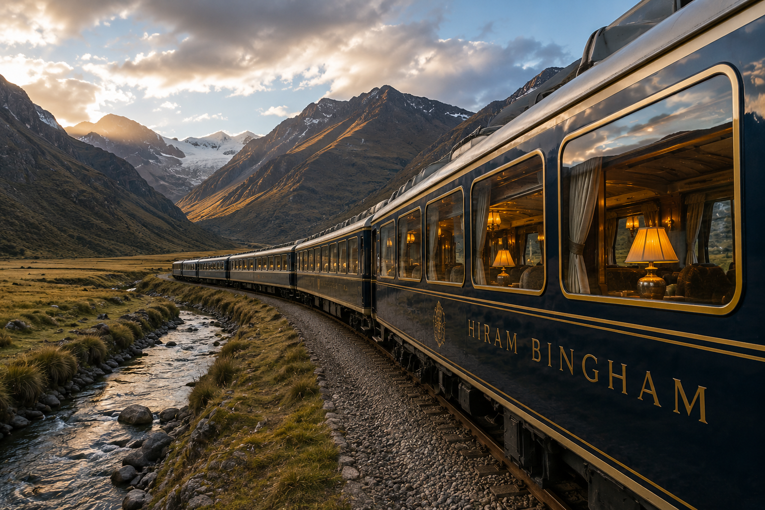 The dark blue and gold Hiram Bingham luxury train winding through the Andes at sunset with warmly lit dining carriages
