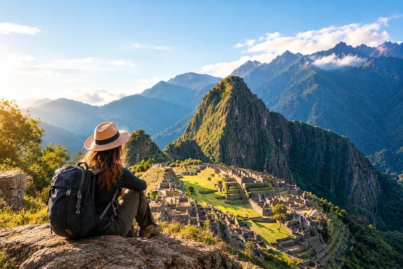 Traveler in a sun hat overlooking Machu Picchu at sunrise