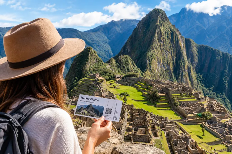 Traveler in a hat holding a Machu Picchu entrance ticket overlooking the citadel and Huayna Picchu