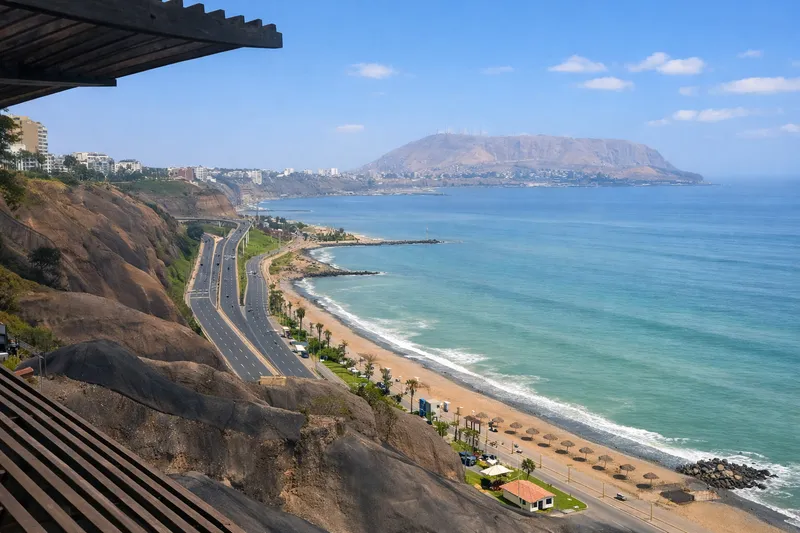 Lima coastline with cliffs, beach and Pacific Ocean from Miraflores