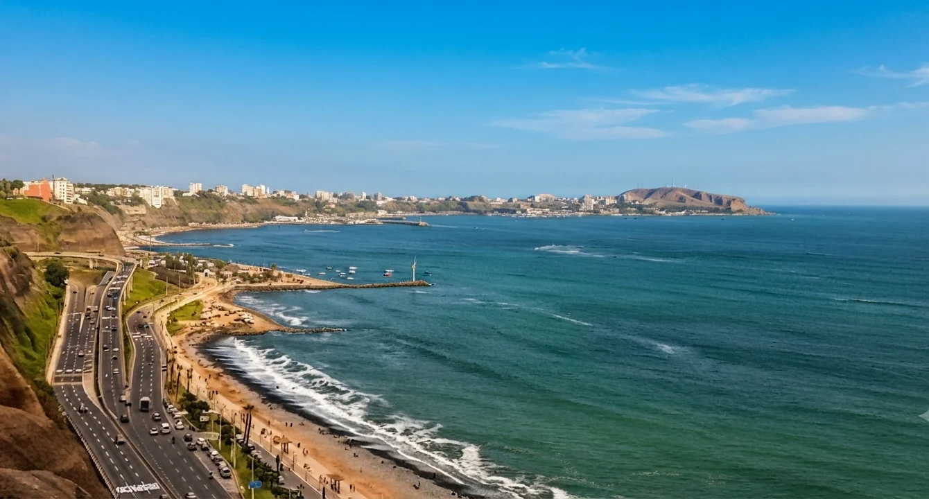 Aerial view of the Costa Verde coastline and Miraflores cliffs in Lima