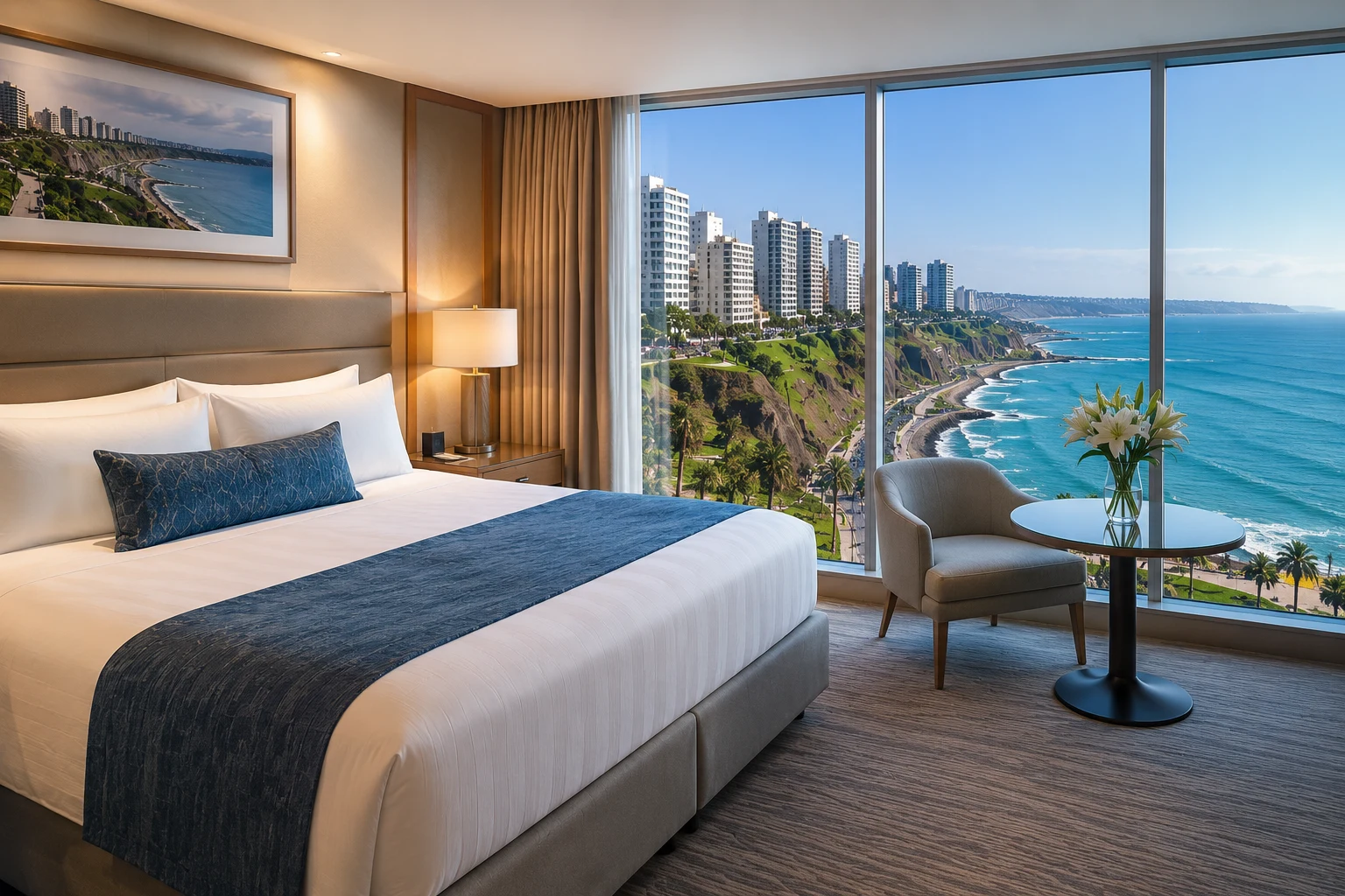 Luxury hotel room with a panoramic view of Miraflores, Lima