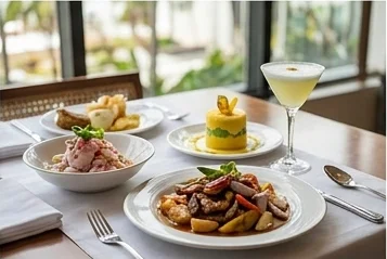 Peruvian gastronomy plating with ceviche, causa and a pisco sour cocktail