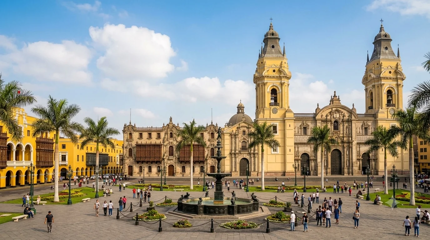 Plaza Mayor de Lima with the Basílica Catedral and colonial balconies at golden hour
