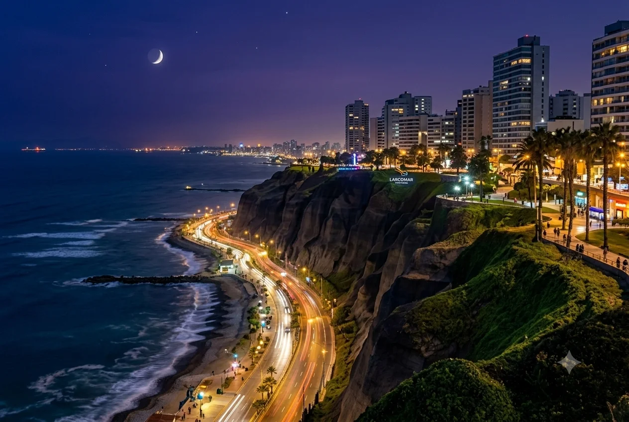 Lima coastline at night with the Costa Verde cliffs lit up along the Pacific Ocean