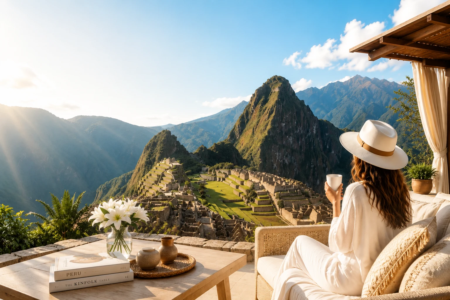 Private terrace with infinity pool overlooking the terraced green fields and Andes mountains of Peru's Sacred Valley at golden hour