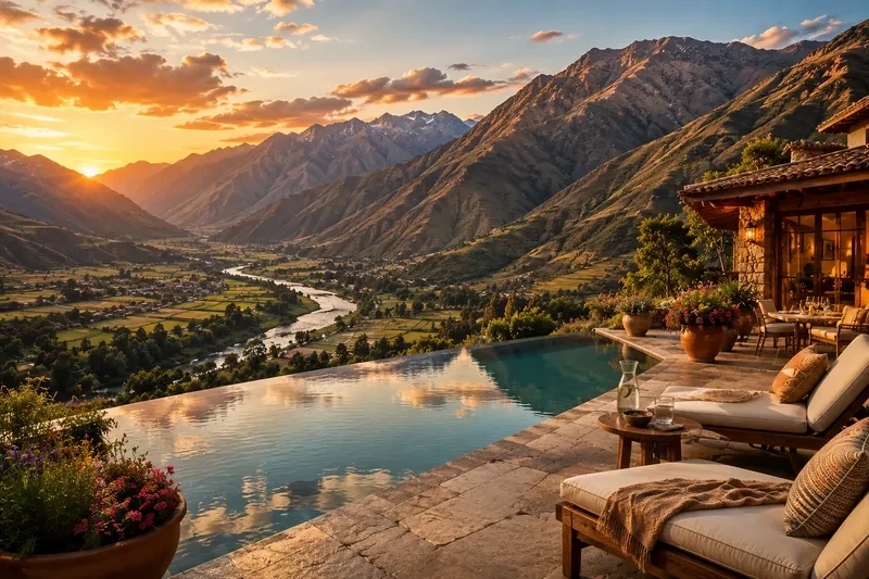 Private terrace with infinity pool overlooking the Sacred Valley river, terraced fields and Andes mountains at sunset