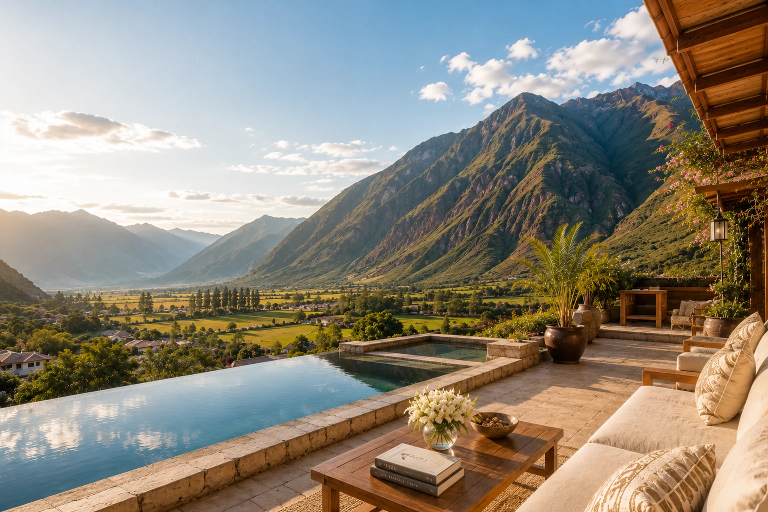 Hillside terrace with infinity pool overlooking the terraced green fields and Andes mountains of the Sacred Valley