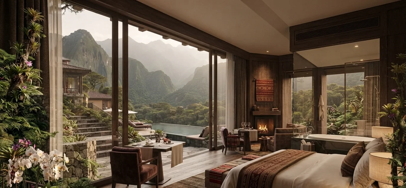 Elegant hotel suite with mountain views near Machu Picchu