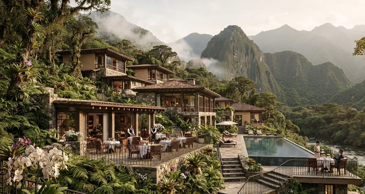 Luxury hotel terrace and pool overlooking the Andes near Machu Picchu