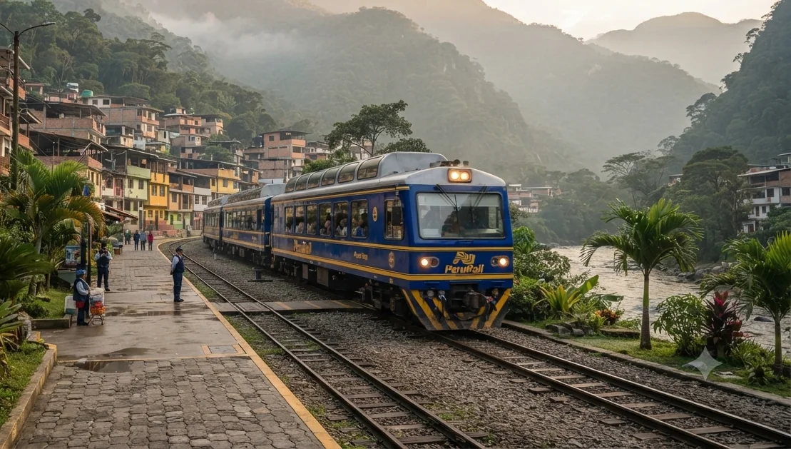 PeruRail train arriving in Machu Picchu Pueblo (Aguas Calientes) at golden hour