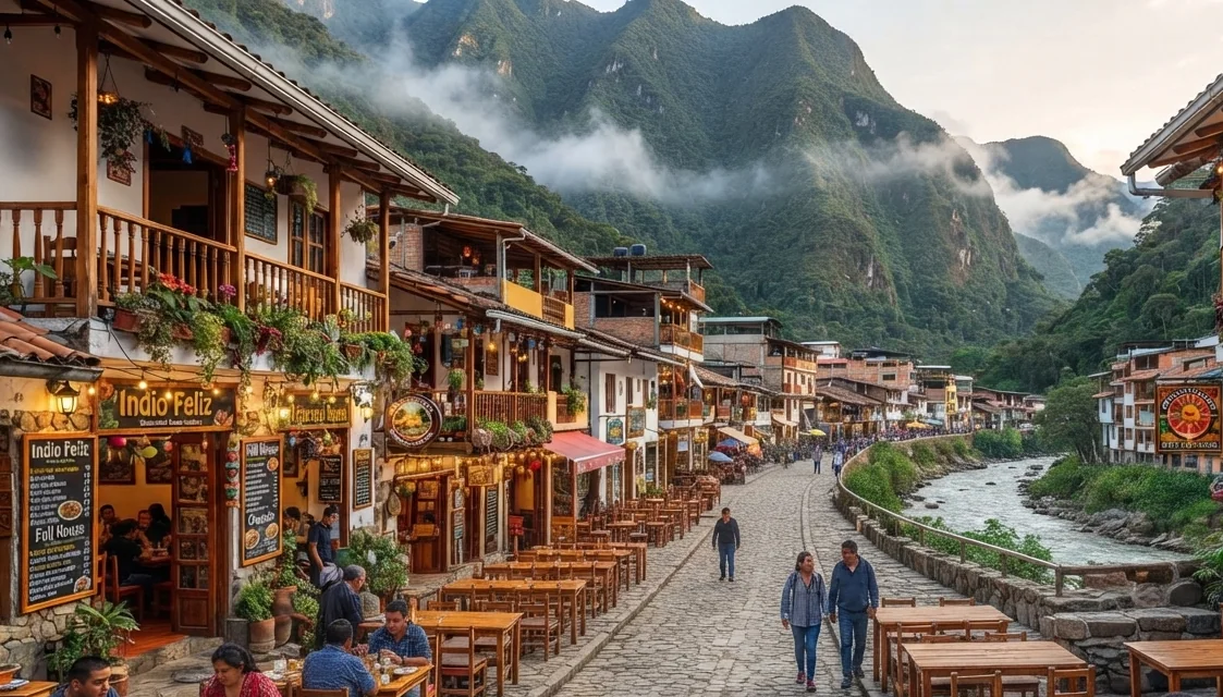 Restaurants and cafés along the cobblestone streets of Machu Picchu Pueblo (Aguas Calientes) at dusk