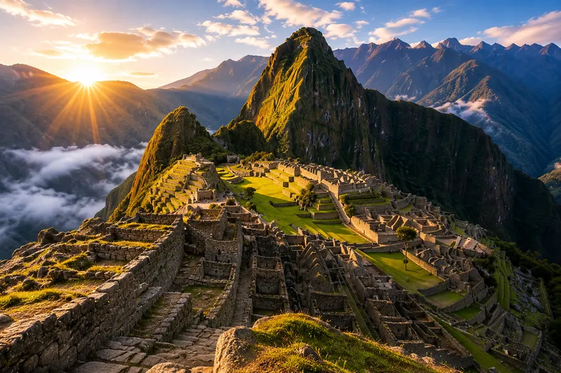 Sunrise over Machu Picchu citadel with Huayna Picchu mountain and terraces bathed in golden light