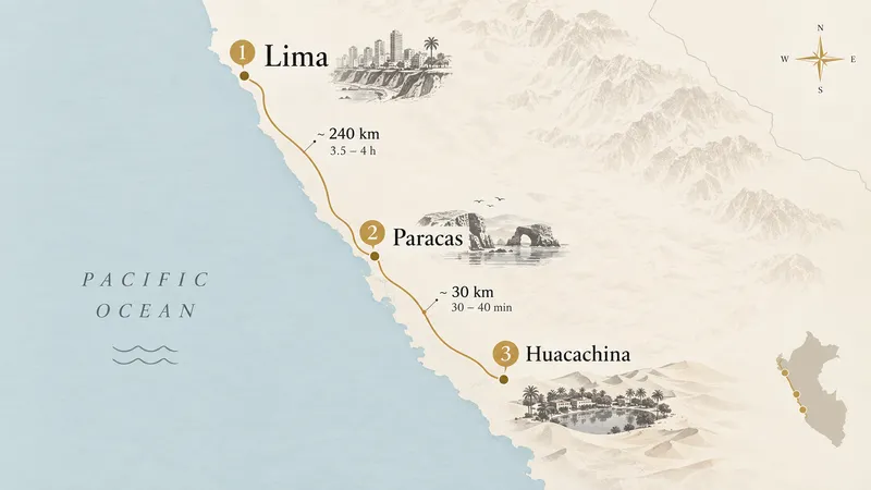 Illustrated route map from Lima to Paracas to Huacachina along Peru's Pacific coast