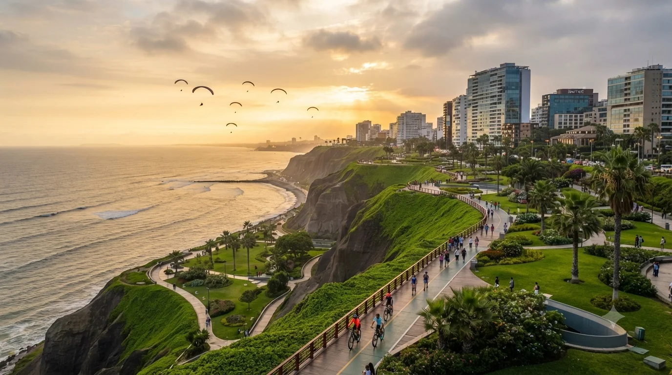 Oceanfront terrace lounge at sunset overlooking the Miraflores coastline
