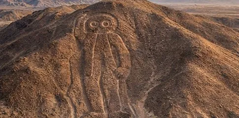 Nazca Lines — the Astronaut geoglyph seen from the air over the Peruvian desert