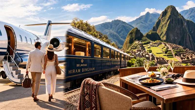 Couple boarding a private jet and the Belmond Hiram Bingham luxury train with a table set for dining overlooking Machu Picchu