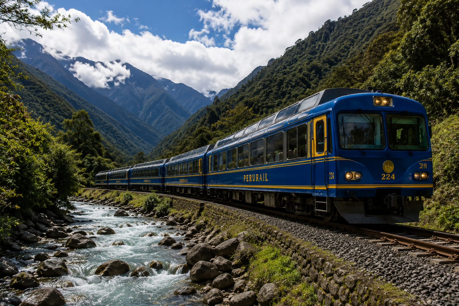 PeruRail Vistadome train with panoramic windows running alongside the Urubamba River toward Machu Picchu
