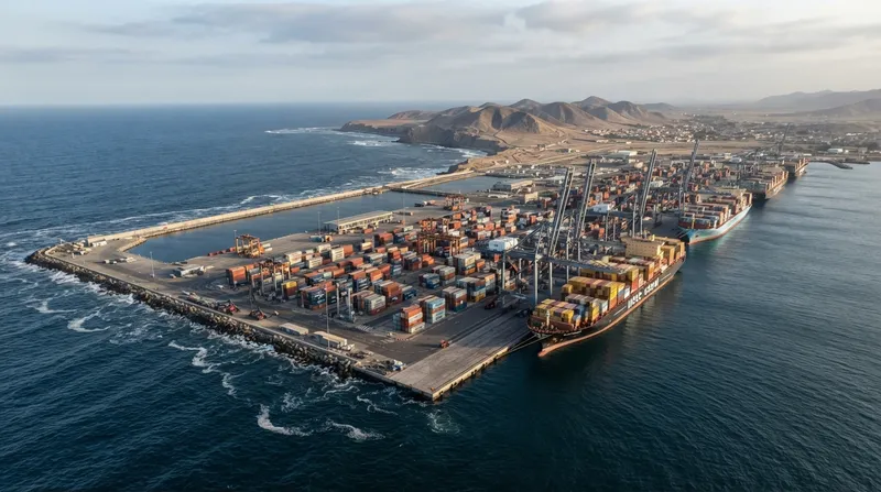 Aerial view of the Port of Chancay container terminal, showing the breakwater, container yard, gantry cranes and a docked cargo ship along Peru's coast