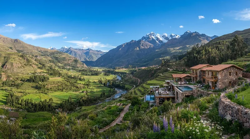 Luxury hillside lodge with infinity pools overlooking the green terraced fields and snow-capped Andes of Peru's Sacred Valley