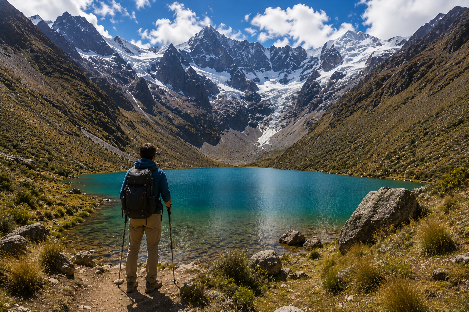 Hiker overlooking a turquoise glacial lake beneath the snow-capped Salkantay mountain range on the Salkantay Trek