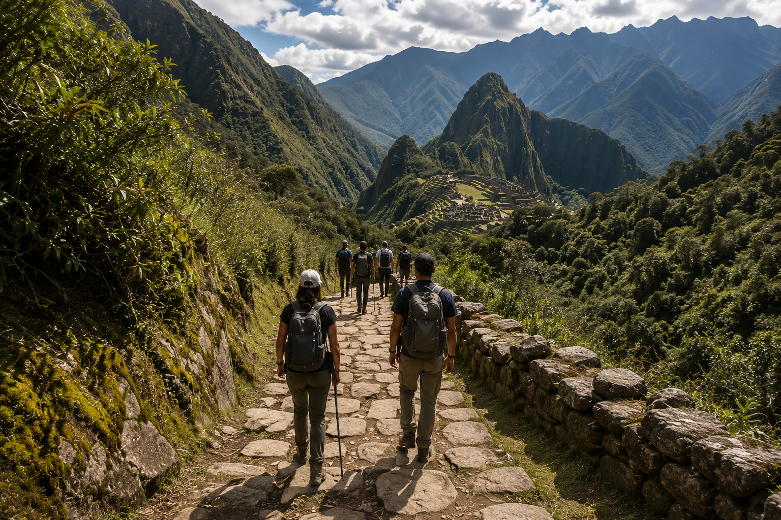 Hikers on the stone steps of the Inca Trail approaching Machu Picchu with Huayna Picchu visible ahead